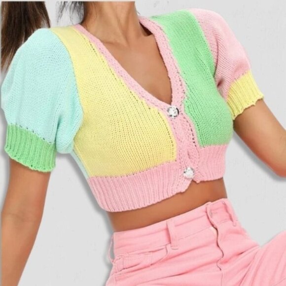 Jarinya Knit Color Block Cropped Top Multicolor Size Small - Picture 1 of 10